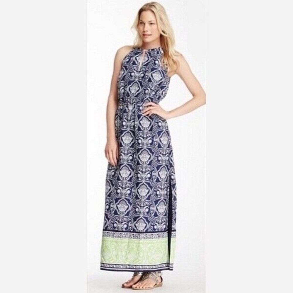 NEW C Wonder Pineapple Scroll Border Maxi Dress Cotton Silk Blue Size L